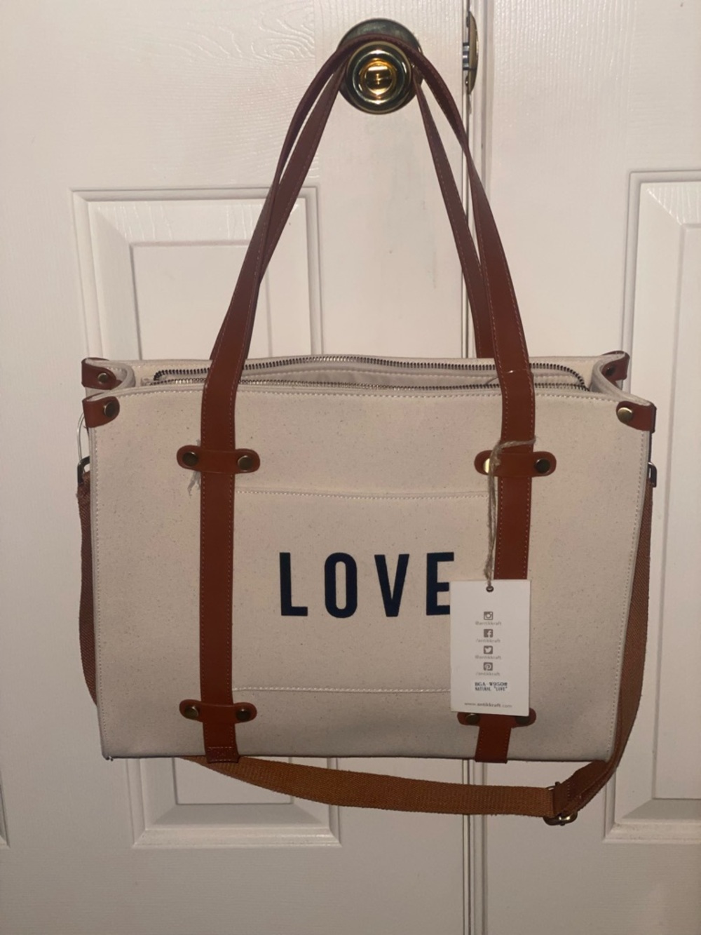 Canvas Tote Bag with 'LOVE' Print - Cream and Brown - Picture 2 of 4
